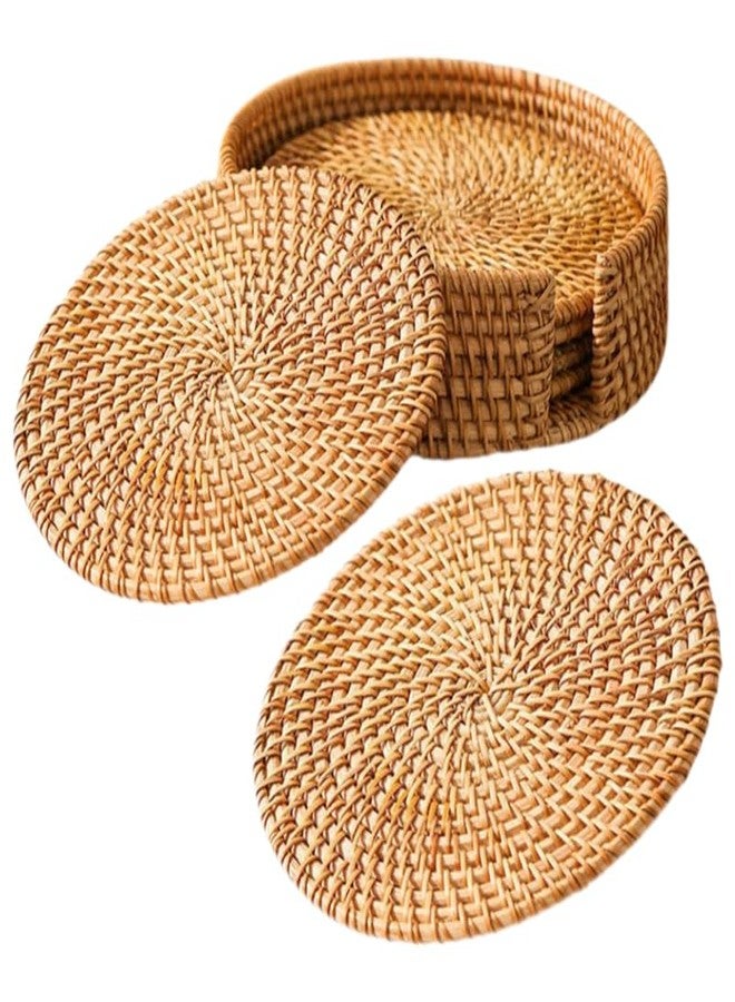 UTHCLO Natural Woven Rattan Coaster Set of 6 with Holder Heat-Resistant Drink Coasters for Tabletop Protection Rustic Wicker Placemats for Kitchen Living Room Outdoor Use - Image 1